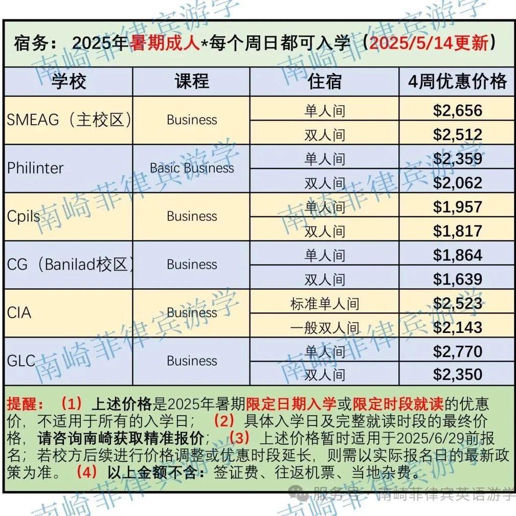 菲律宾游学：商务英语课程暑期旺季价格汇总 | 2025年第3版价格汇总（7/8月）根据最新优惠政策
